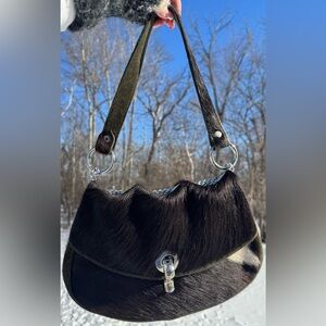 Y2K Hair-On Hide Pony Hair Shoulder Bag Suede Trim Silver Chain Hardware